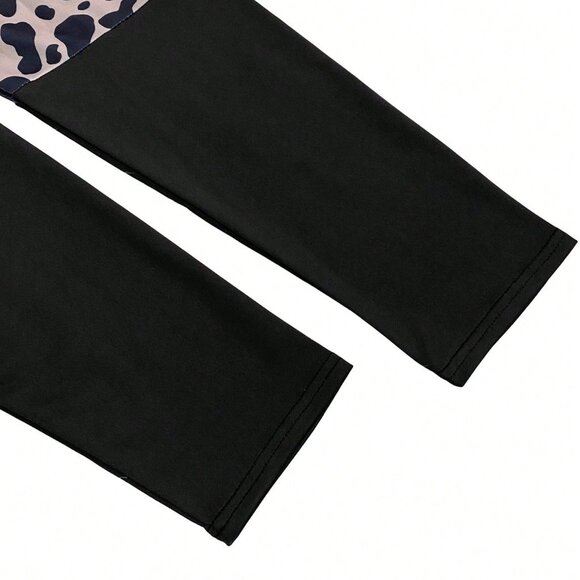 Black Casual Women's Leopard Patchwork Top and Pants Set - Picture 4 of 8